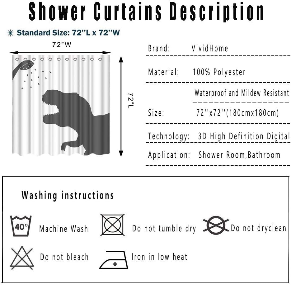 Animal Dinosaur Fabric Shower Curtain, Waterproof Polyester Fabric Bathroom Set with Hooks, 72x72IN