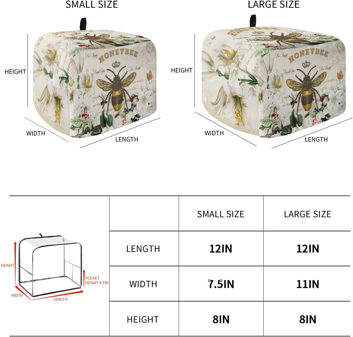 Toaster Cover, 2 Slice Bees Flowers, Bread Toaster Oven Cover with Pockets, Small Kitchen Appliance Protector