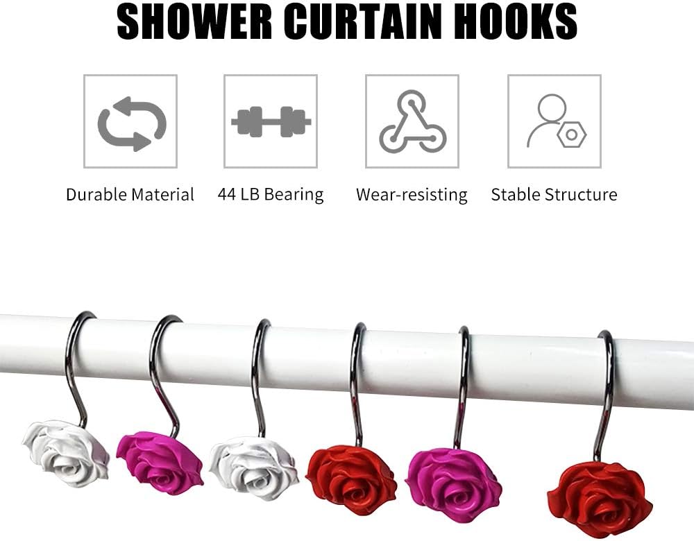 Actpe 12pcs White Rose Flower Shower Curtain Hooks, Rustproof Metal, Decorative for Bathroom, Living Room, Kid's Room