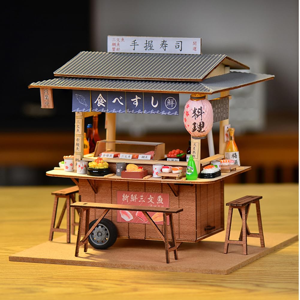 DIY Japanese Sushi Restaurant Food Truck Architectural Model Miniature Dollhouse Kit 3D Wooden Puzzle Mini Dollhouse with LED Lights and Dust Cover for Friends and Family