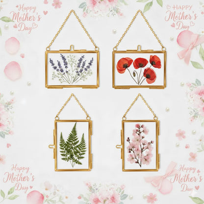 FOCHIER F 4 Pcs Pressed Flower Frame with Tweezers, Wall Hanging Tabletop Display Double Glass Frames with Metal Chain for Pressed Dried Flowers Plants, Horizontal and Vertical Picture Frame,Gold, FRAMES ONLY