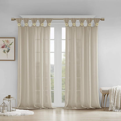 Madison Park Rosette Floral Embellished Cuff Tab Top Solid Sheer Curtain Panel Drape for Bedroom, 50"x84"