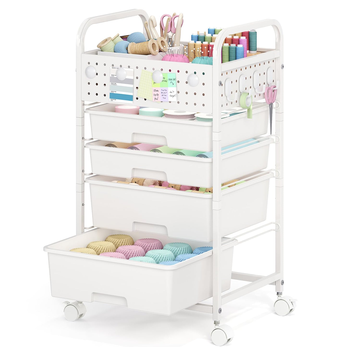 SYKIARIOL 4 Drawer Rolling Storage Cart with Pegboard Top and Hooks, Mobile Organizer Cart with Wheels for Office Supplies, Craft Storage, Classroom Organization, Home Utility Cart, White