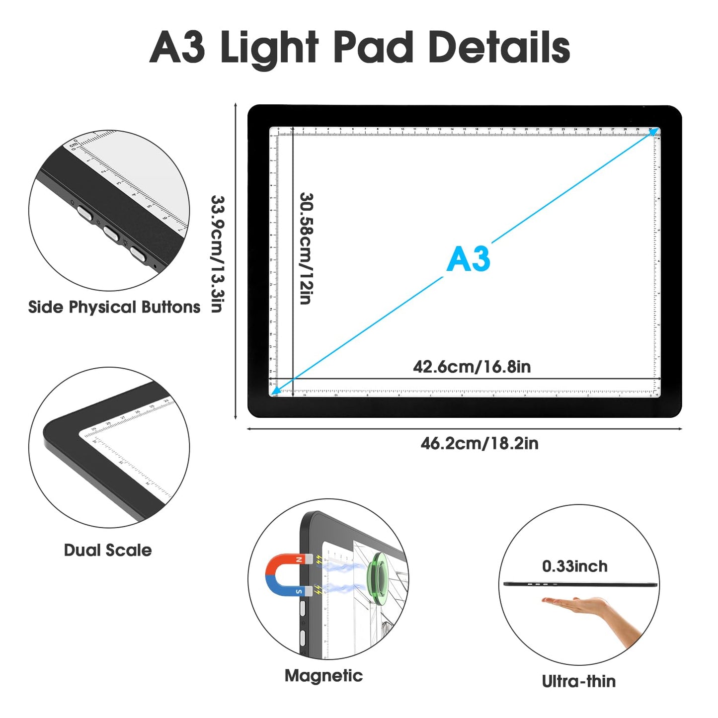 Rechargeable A3 Light Pad for Diamond Painting, High-Brightness Tracing Light Box with 6 Levels of Brightness, Side Physical Buttons & 3 Colors, Light Board for Diamond Art, Drawing, Sketching