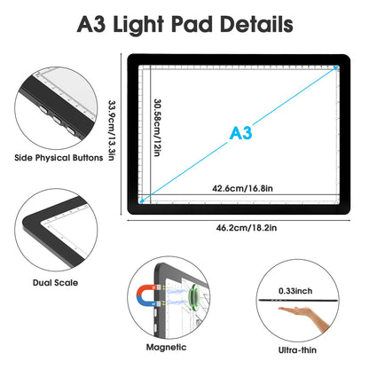 Rechargeable A3 Light Pad for Diamond Painting, High-Brightness Tracing Light Box with 6 Levels of Brightness, Side Physical Buttons & 3 Colors, Light Board for Diamond Art, Drawing, Sketching