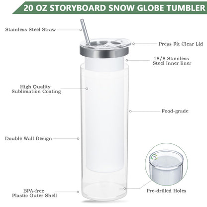 20 Oz 8 Pack Double Wall Pre Drilled Sublimation Storyboard Snow Globe Tumbler, Inner Stainless Steel Outer Plastic Insulated Storyboard Cups, DIY Interlayer for Glitter Storyboard Tumbler Gifts