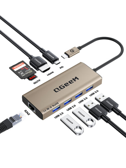 QGeeM USB C Hub Ethernet,9 in 1 USB Type C Hub HDMI Multi-Port Converter Adapter,100W Pd, USB 3.0,SD/TF Card Reader,Compatible for MacBook Pro Air Ipad HP Dell Lenovo Chromebook etc.