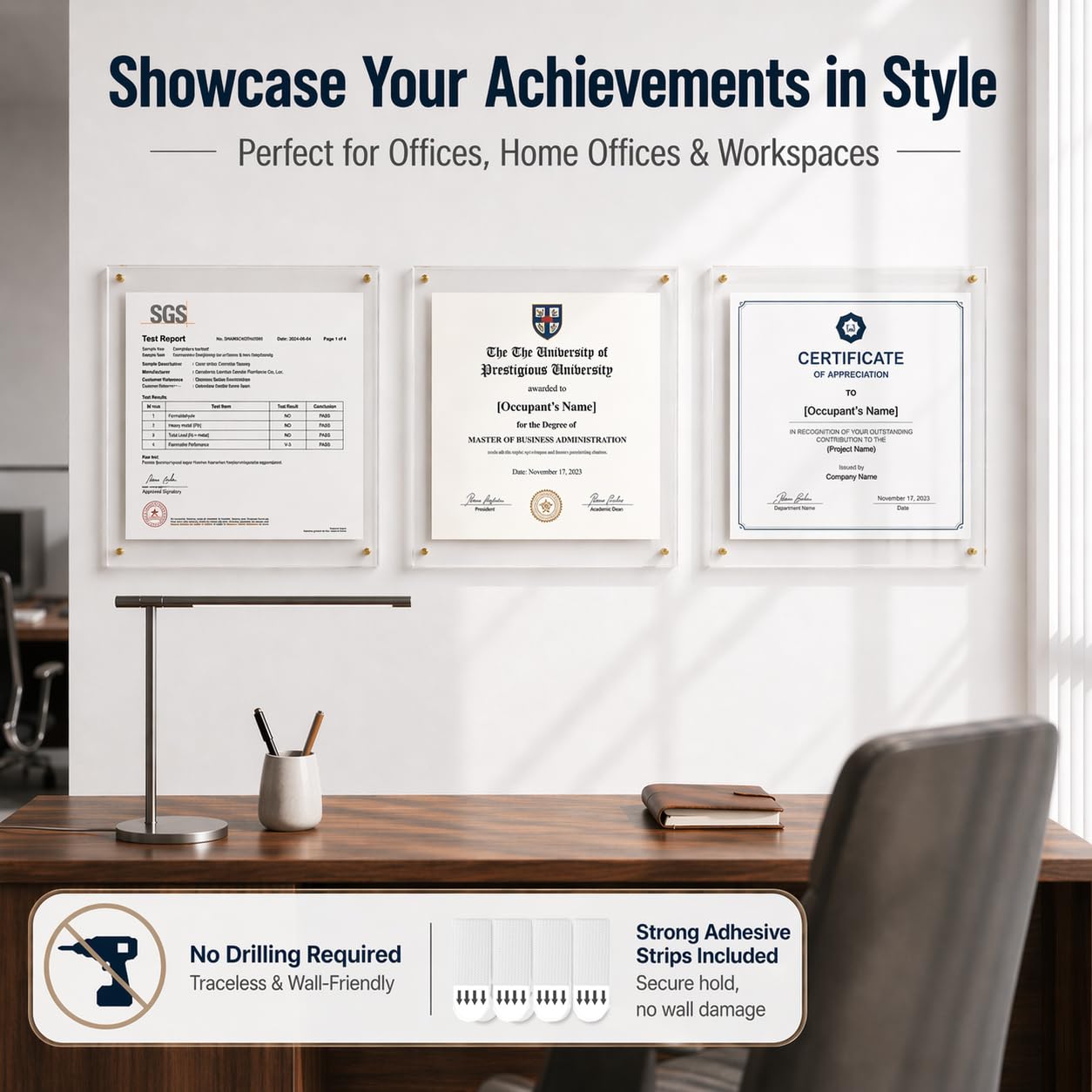 BEEJIBO 3 Pack 8.5x11 Diploma Frame for Walls – Clear Acrylic Certificate Frames with Magnetic, Self-Adhesive No-Drill Wall Mount Picture Frame for Documents, Artwork & Photos