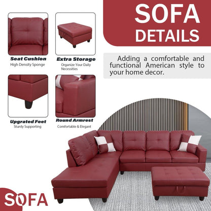UOCFYK Red L-Shaped 3-Piece Faux Leather Sofa with Storage Ottoman Set, Sectional Couch Leather-Like Sofa Set for Living Room, Office, Small Space