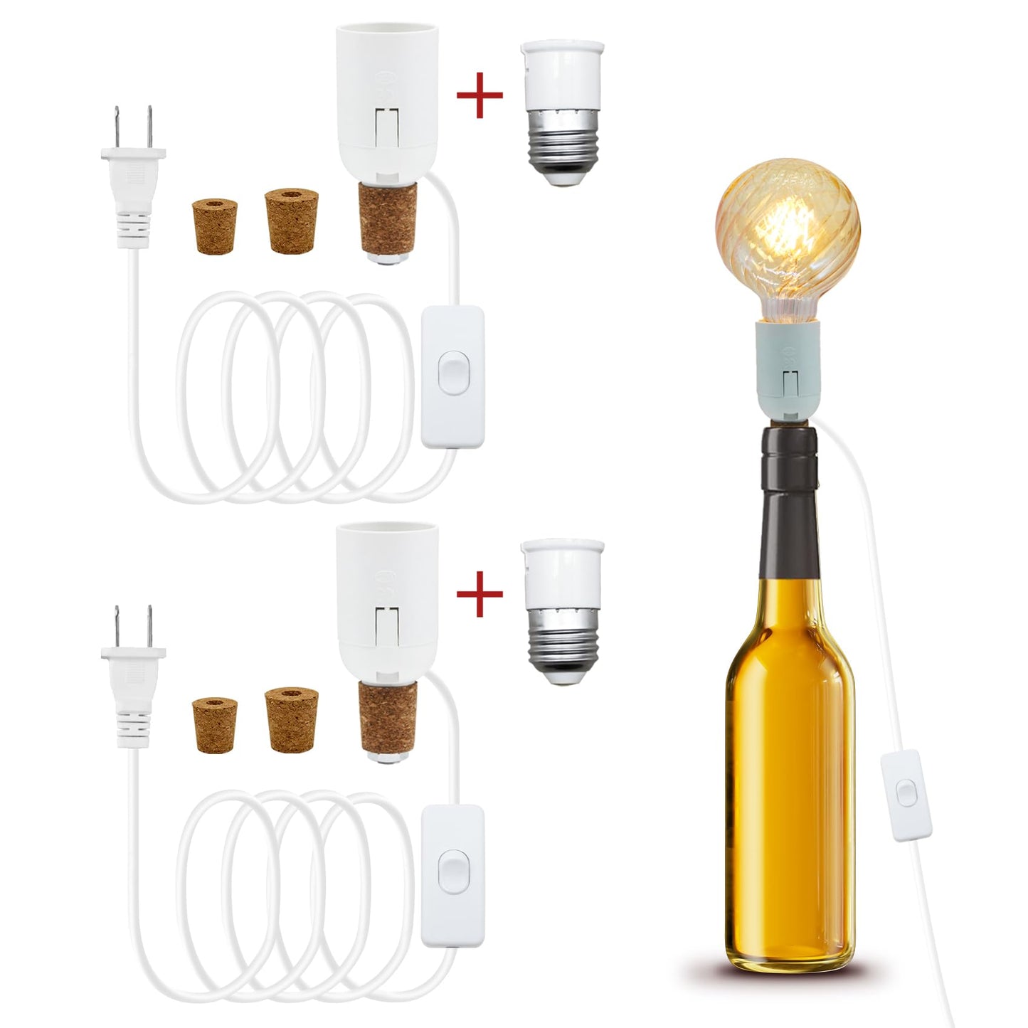 2 Pack Bottle Lamp Kits, 240cm Wine Bottle Table Lamp, DIY Lamp Fittings Kit for Table Lamp with E26/E27 to B22 Converter 3 Sizes of Corks No Drilling (No Bulb)