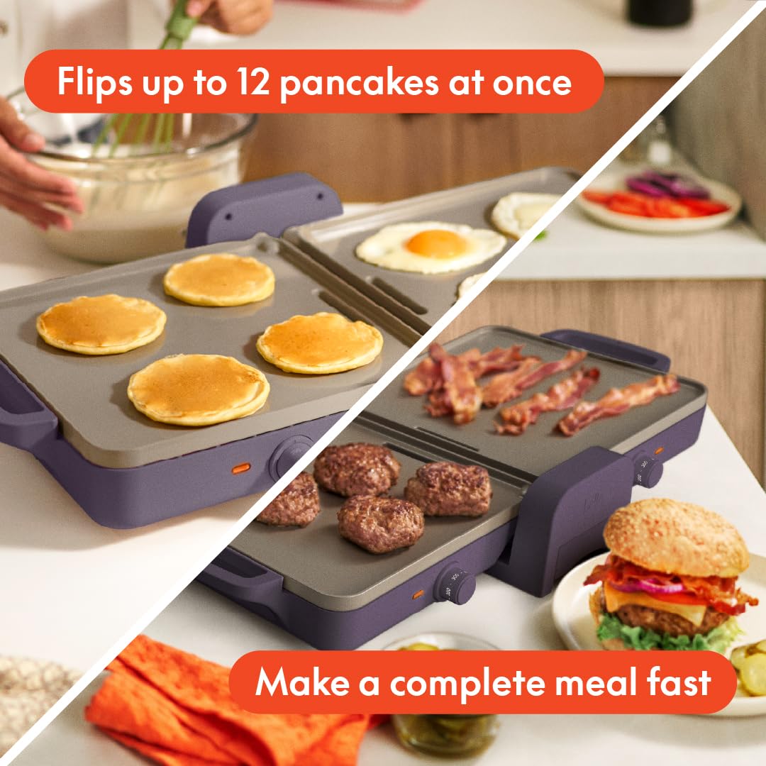 Bella 10"x 20" Ceramic Fold-n-Store Dual Temp Griddle, Fits-anywhere Kitchenware, EverGood Ceramic Nonstick Coating, 2 Temperature Zones up to 400°F, Dishwasher Safe Drip Tray, 1500 Watt, Oatmilk