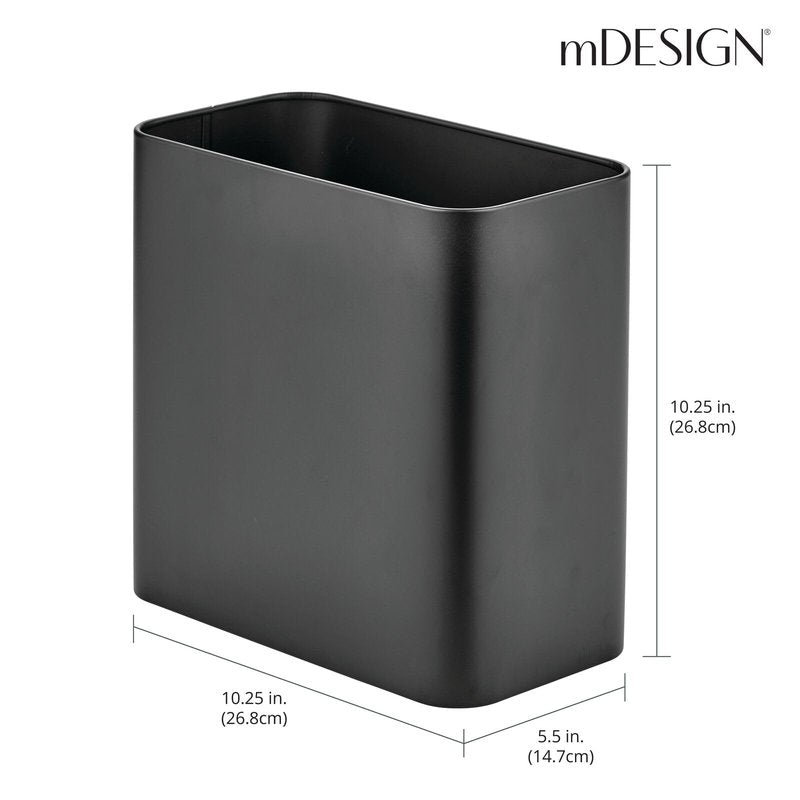 mDesign Small Metal 2.4 Gallon/9 Liter Trash Can Wastebasket Garbage Bin for Bathroom, Slim Rubbish Waste Bin Trashcans - Mirri Collection - Black