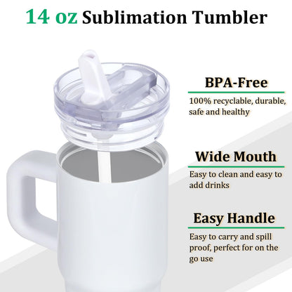 Tswofia 4 Pack 14 Oz Sublimation Tumblers Bulk for Kids with Handle & Splash Proof Detachable Flip Straw Lid, Kids 14 Oz Stainless Steel Double Insulated Sublimation Tumbler Blanks (White)