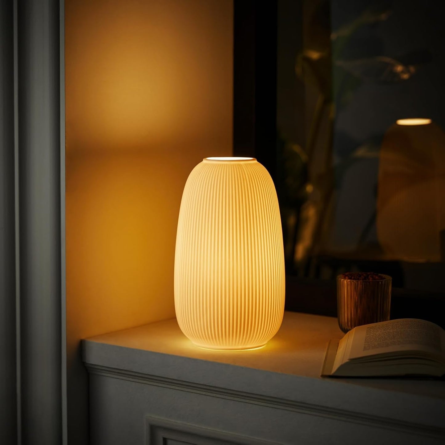 RONDURE 9.5" Modern Ceramic Table Lamp, Fully Dimmable Bedside Lamp for Bedroom Living Room Nightstand, White Translucent Ceramic Shade, Warm Ambient Decorative Corded Lighting, Bulb Included