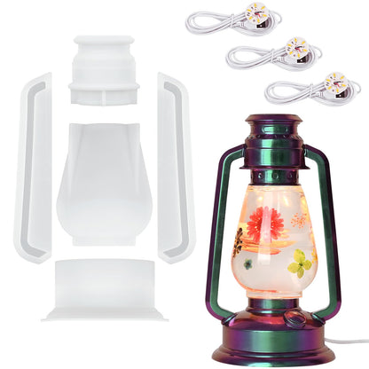 Actvty Oil Lamp Resin Molds Set, Hurricane Lamp Silicone Mold for Resin Casting, Epoxy Light Molds with 3pcs LED Lights DIY Retro Lantern Indoor Oil Lamps for Table Fireplace Home Decoration