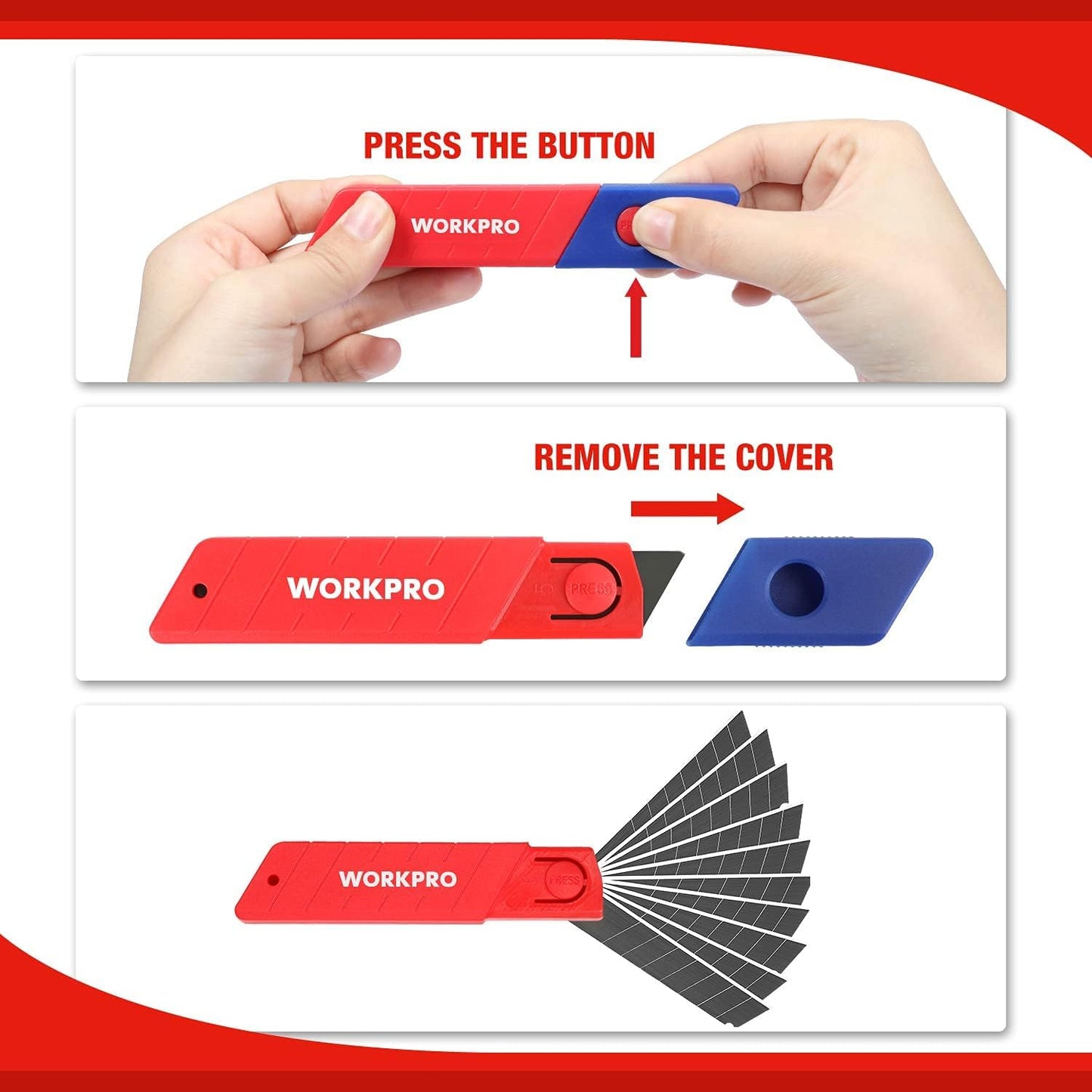 WORKPRO 18mm Retractable Utility Knife, Heavy Duty Snap-off Box Cutter with 10-Piece SK5 Blades for Cartons, Cardboard and Boxes, Perfect for Office and Home Use