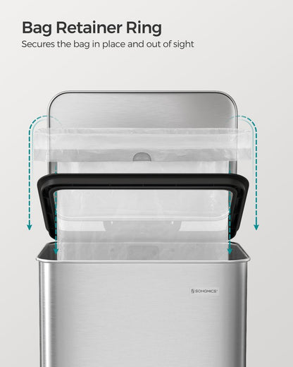 SONGMICS Kitchen Trash Can, 10.5 Gallon (40 L) Garbage Can, Large Step Trash Bin with Lid, Stainless Steel, Soft Close, 15 Trash Bags Included, Silver ULTB540E40
