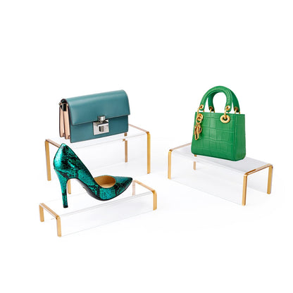 Purse Display Stand, 6mm Thick Clear Acrylic Risers Display Stands, Gold Shoe Display Riser, 3 Pack Luxury Handbag Bag Wallet Shoes Jewelry Perfume Display Showcase for Closet Retail Vendor Store