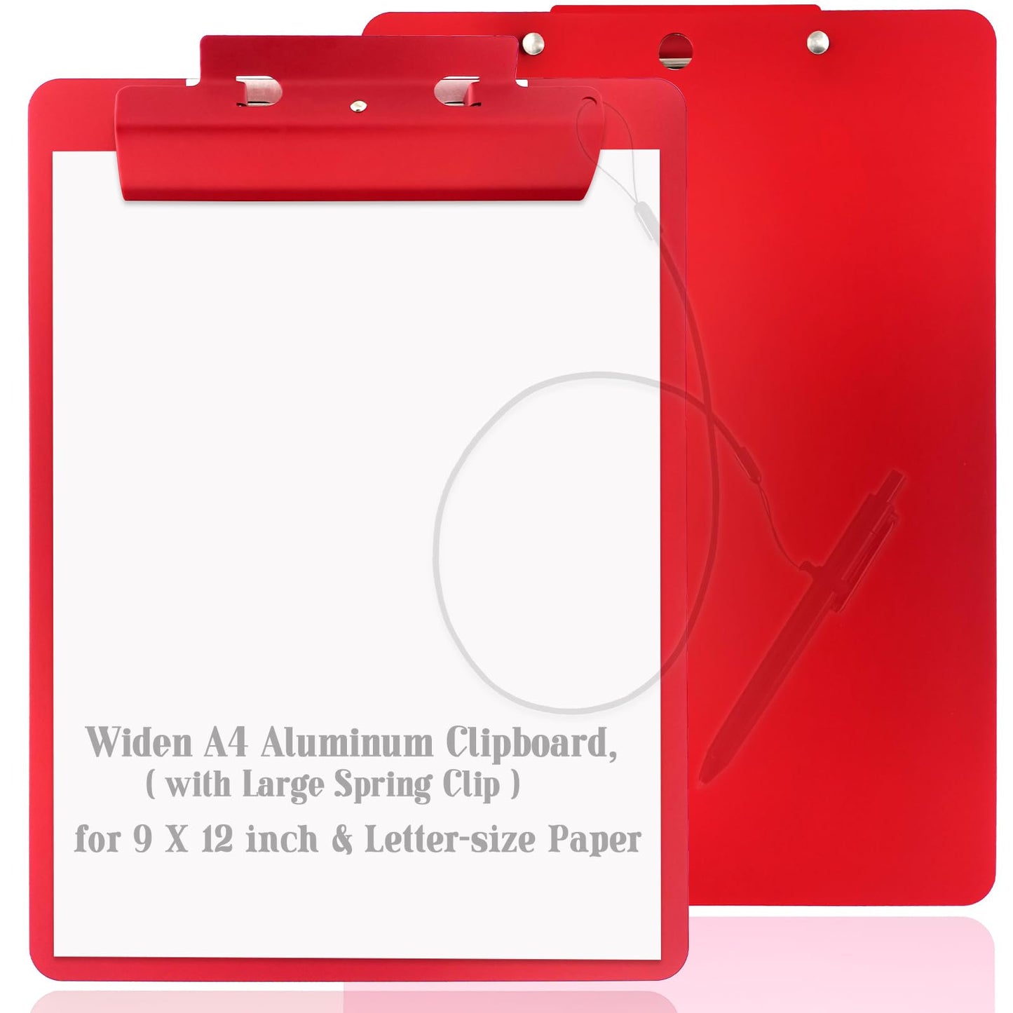 Aluminum Metal Clipboard Flat Heavy Duty Hangable Spring Clip Board with Pen Chain Hole Letter Size A4 9.25" x 12.6" for School Office Business Medical Professionals Workshop Factory (Red, A4)