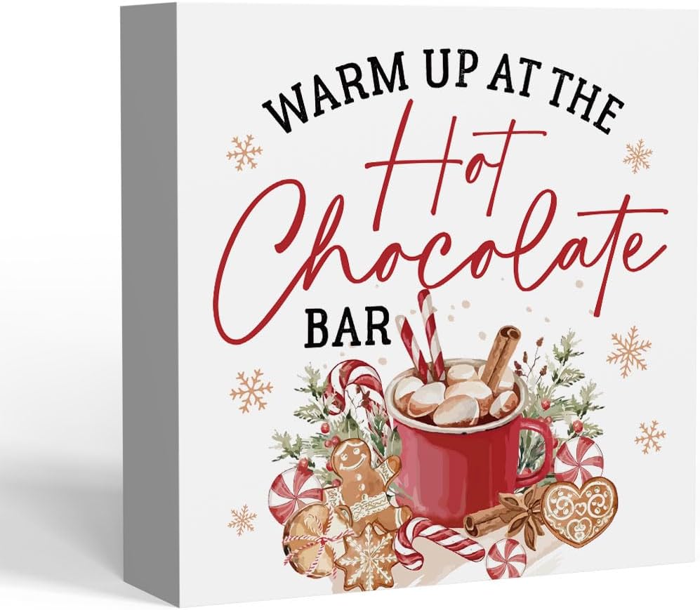 iRudyard 5 5 Inch Hot Chocolate Bar Wooden Box Sign,Hot Cocoa Bar Chirismas Desk Decor For office Home Kitchen Dining