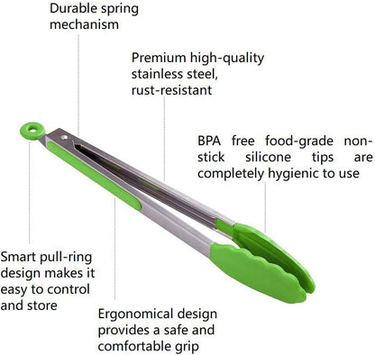Set of 2 Kitchen Tongs – 9 inch & 12 inch – Premium Locking Non-stick Stainless Steel Food Tongs for Cooking, BBQ,