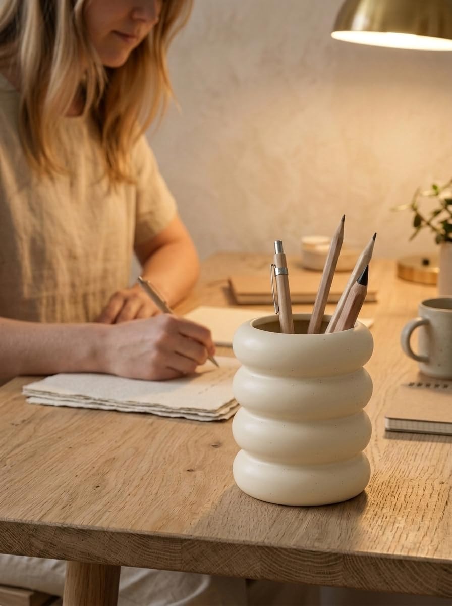 WENSHUO Chubby Pen Holder, Makeup Brush Organizer, Modern and Minimalistic, Ceramic Desk Accessories (Matte Crème)