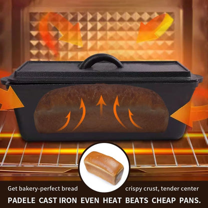PADELE Cast Iron Bread Pan with Lid - 2LB Capacity (13x5 Inch) Large Pullman Loaf Pan for Homemade Bread - Non-Stick，Dual Handle, Pre-Seasoned, Rust-Resistant (Black-Cast Iron)