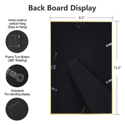 Fkvat 8x12 Picture Frame, Gold Brushed Thin Metal Aluminum Photo Frame with HD Glass, Fit 6x8 with Mat or 8 x 12 without Mat, for Table and Wall, 1 Pack