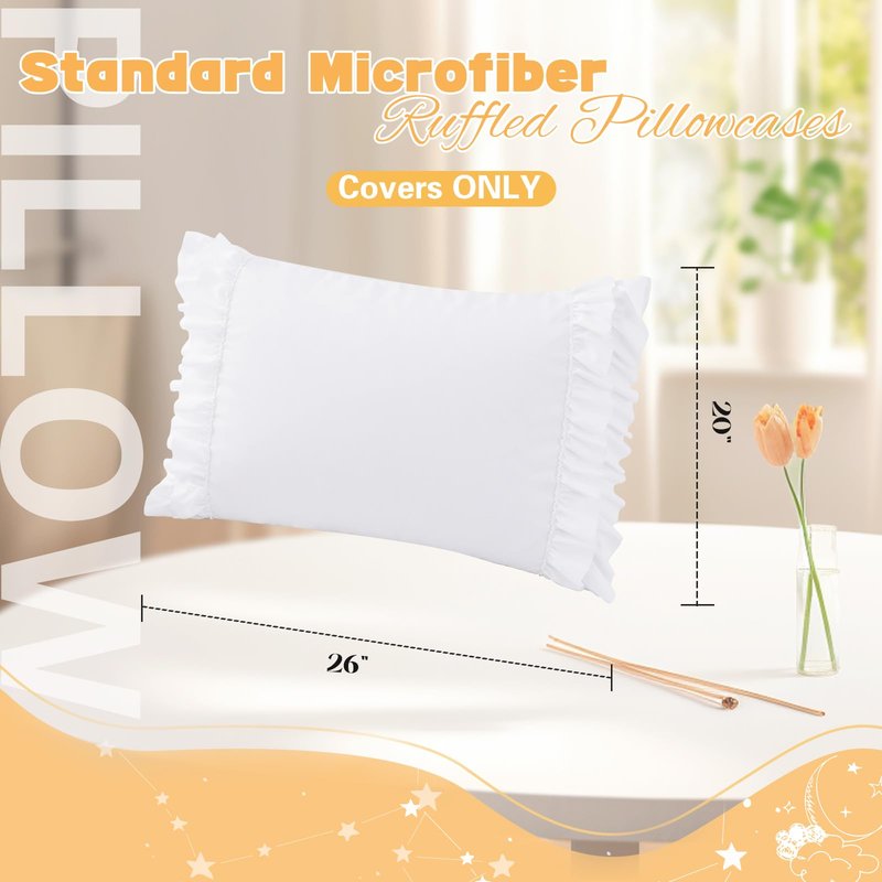 RUDONG M Ruffled Pillow Cases Set of 2, Standard Microfiber Pillowcases, Decorative Ruffle Pillow Covers with Envelope Closure, 20x26 Inches White Boho Pillow Shams