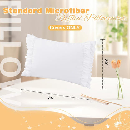 RUDONG M Ruffled Pillow Cases Set of 2, Standard Microfiber Pillowcases, Decorative Ruffle Pillow Covers with Envelope Closure, 20x26 Inches White Boho Pillow Shams