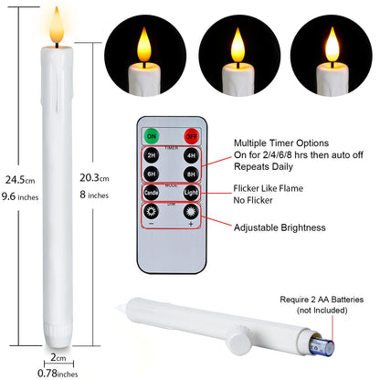Homemory 24 Pcs White Flameless Taper Candles with Remote Timer, Lifelike Taper Candles Battery Operated with Flickering Light, Plastic, Led Candlesticks, Christmas Home Wedding Decor, 9.6 Inches