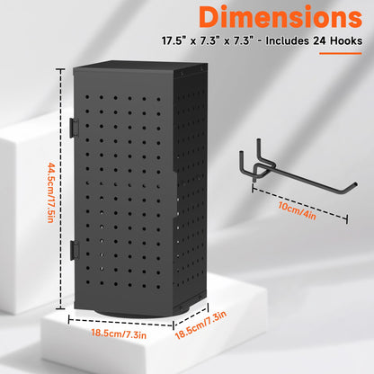 Alyoen Rotating Pegboard Display Stand With 24 Hooks - Metal Spinning Peg Board Organizer Accessories with Magnetic Door Design, Magnet Display Stand for Keychain, Jewelry, Earring（Black）