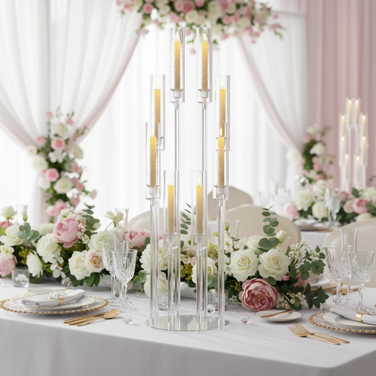 VINCIGANT 8 Arms Clear Candlesticks Holder for Wedding Decorations,Tall Arcylic Candelabra Candle Holder with Shade for Valentines Day Events Party Table Centerpiece,Fit LED Candles
