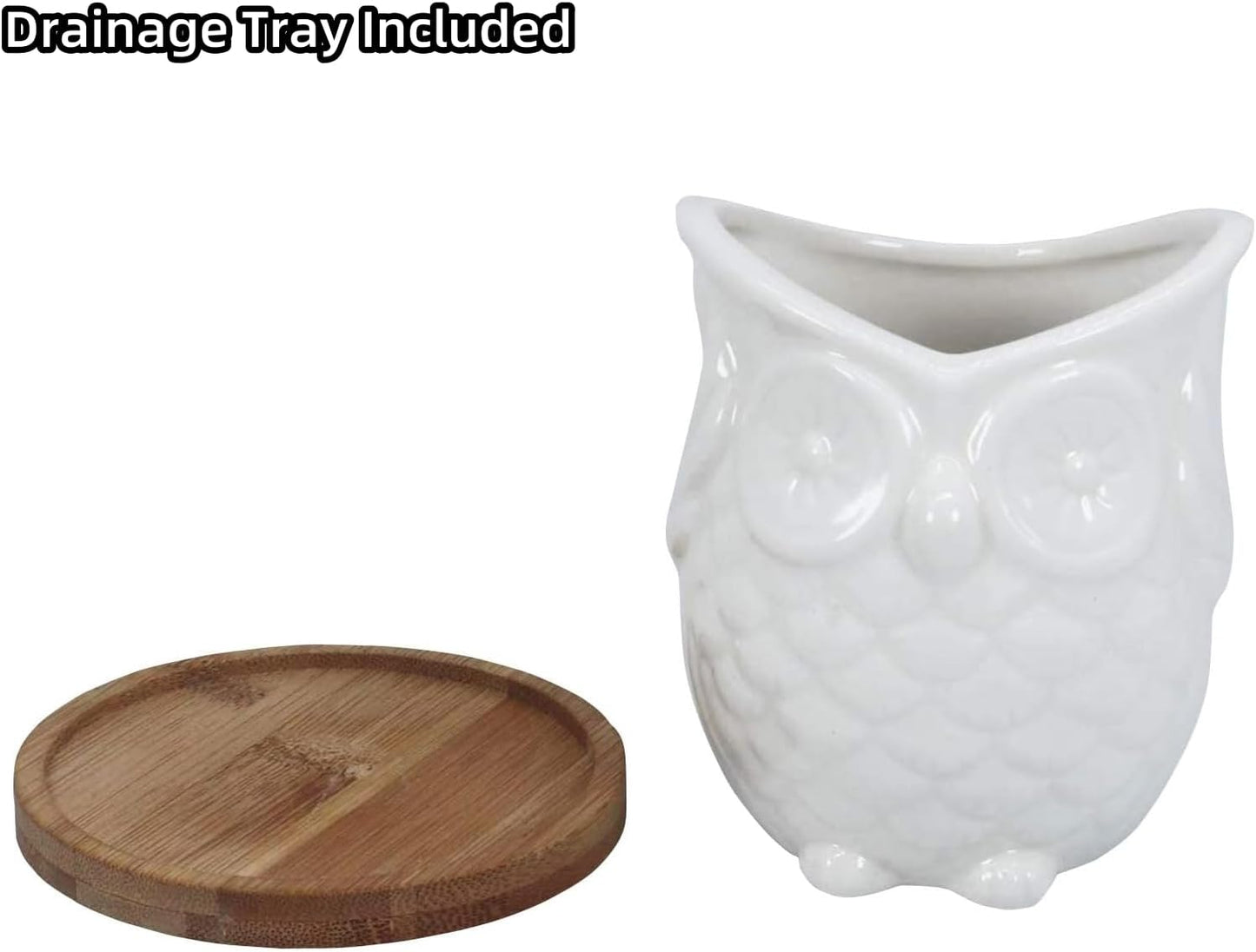 White Ceramic Owl Succulent Planter Pot with Drainage Tray, Cute Animal Cactus Container