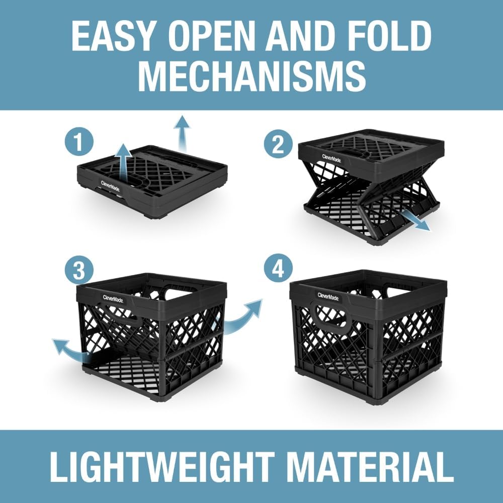 25L (6.6 50 lb CleverMade Collapsible Milk Crate Gal), Capacity Heavy Duty Folding Crate Stackable Storage Crates