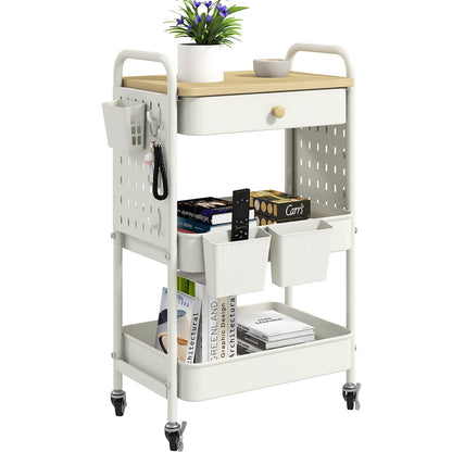 danpinera Rolling Utility Cart with Drawer, 3 Tier Rolling Cart with Wheels, Hooks & Hanging Cups, Craft Cart Art Cart Snack Cart Rolling Storage Cart with Wooden Table Top & DIY Pegboards, White