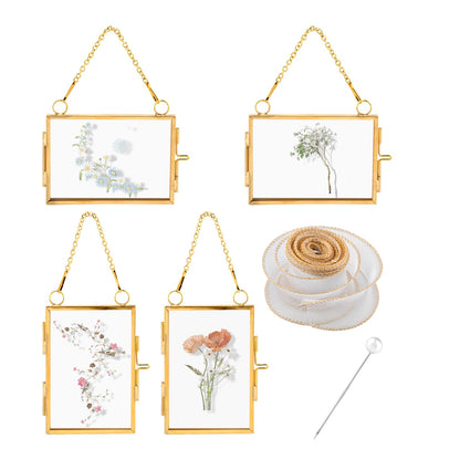 YOSINXU 4PCS Glass Frame for Pressed Flowers, 2x3 Inch Brass Hanging Photo Frame Double Glass-Frame with Chain for Pressed Flowers Leaf and Artwork with Ribbon
