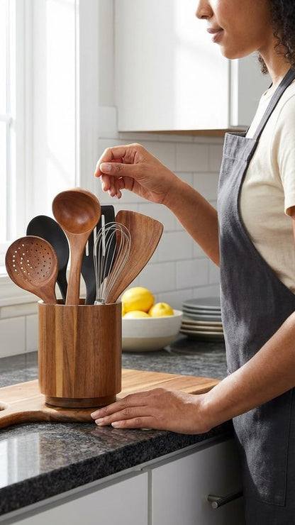 Linda's Essentials Acacia Wooden Utensil Holder - 360° Rotating Non-Slip Design | 7.2" Kitchen Organizer