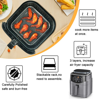 BYKITCHEN 8 inch Square Air Fryer Rack, 3pcs Stackable Stainless Steel Dehydrator Rack with Silicon Feet, Square Air Fryer Accessories for Cosori, Instant Vortex, Ninja Pro XL 6.5 QT AF181 & More