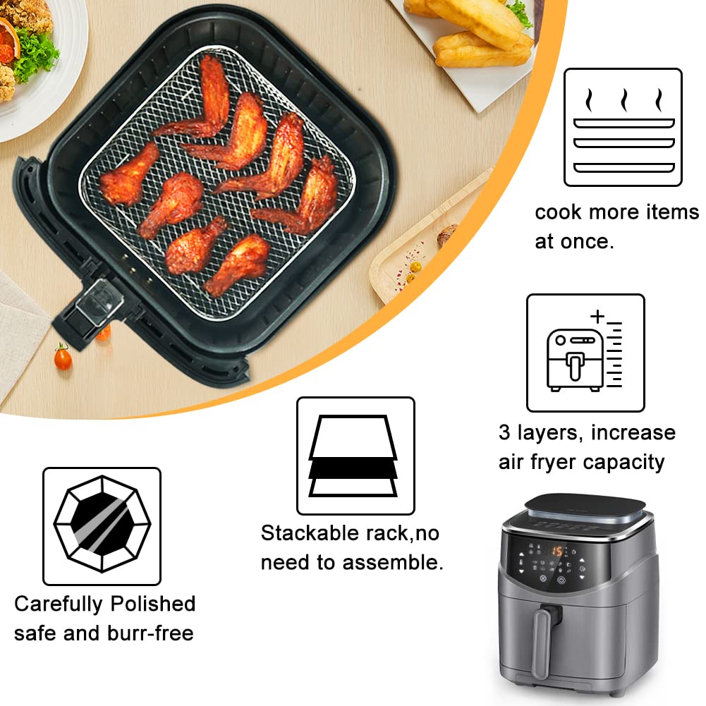 BYKITCHEN 8 inch Square Air Fryer Rack, 3pcs Stackable Stainless Steel Dehydrator Rack with Silicon Feet, Square Air Fryer Accessories for Cosori, Instant Vortex, Ninja Pro XL 6.5 QT AF181 & More