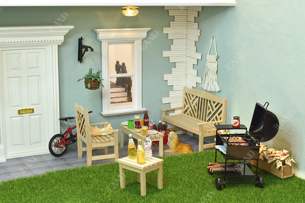iLAND Dollhouse Furniture and Accessories on 1:12 Scale incl Dollhouse Patio Tables & Garden Chairs & BBQ Grill & Mini Bike (Modern 6pcs)