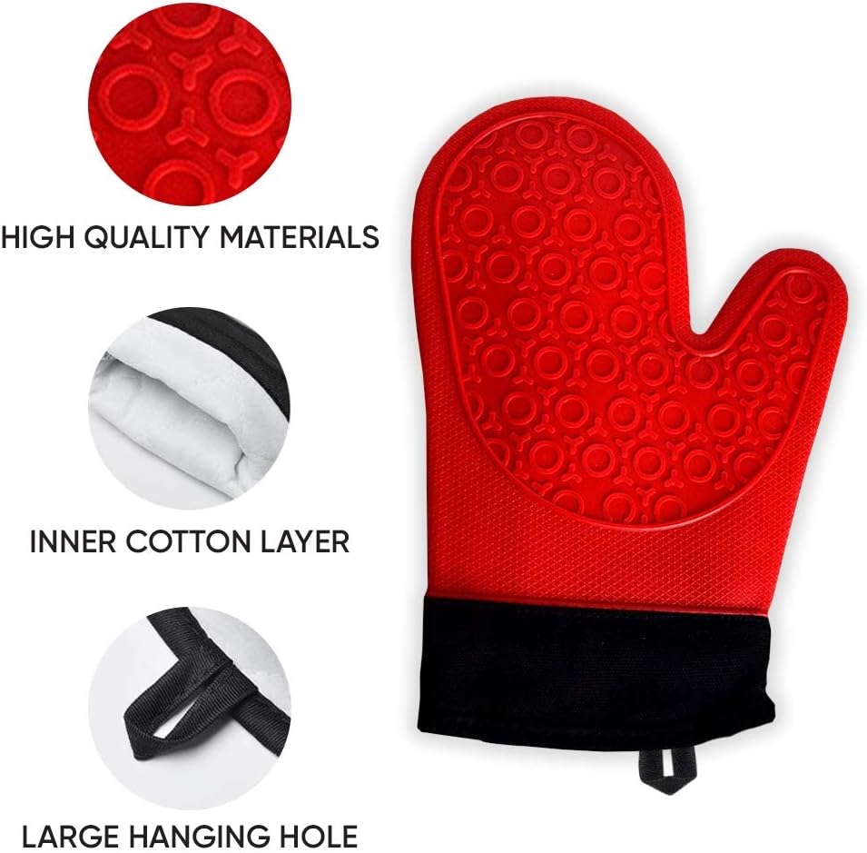 2PCS Red Black Extra Large Silicone Oven Mitts and Pot Holders - Heat Resistant Gloves for Cooking