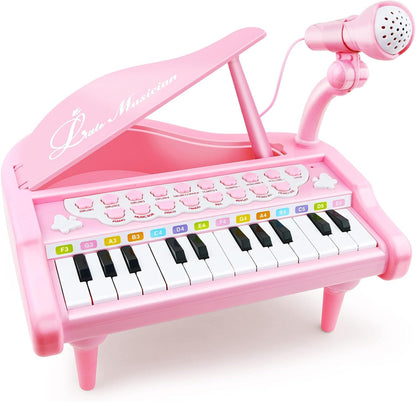 Love&Mini Piano Keyboard Toy for Girls - 24 Keys Toddler Music Toy Instrument with Microphone, Pink Piano Toy for 1 2 3 Years Old Girls Birthday Gift