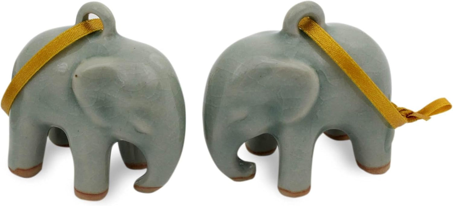 NOVICA Celadon Ceramic Handing Holiday Ornaments, Light Blue Elephant (Pair)