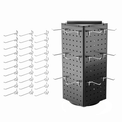 BYCY Rotating Pegboard Display Stand with 30 Hooks,Metal Spinning Peg Board Displays for Craft Shows,4-Sided Jewelry and Accessories Display Racks for Markets,Vendors,Events&Retail Stores (Black)