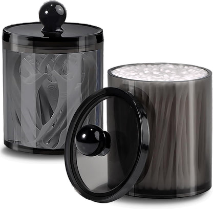 Skiennix Cotton Buds Dispenser - 10 oz Clear Black Apothecary Jar Set for Organized Storage