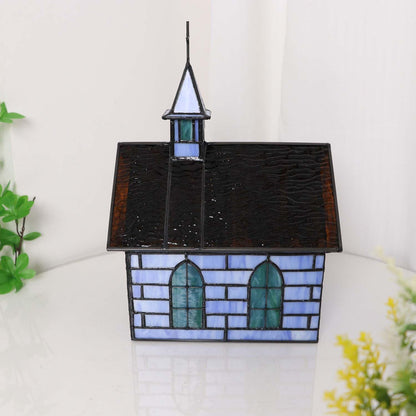 Bieye L12008 Christian Church Tiffany Style Stained Glass Table Lamp (Blue Chruch)