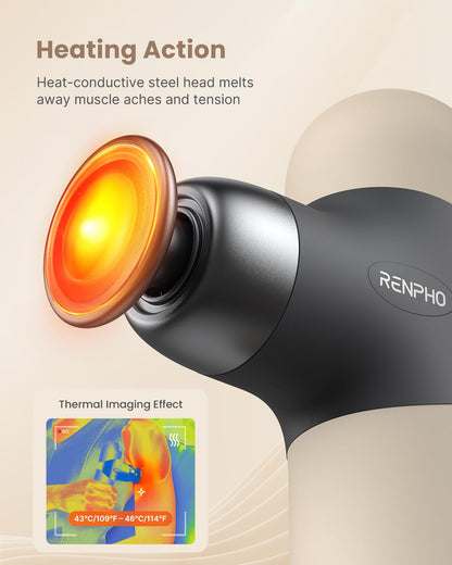 RENPHO Mini Thermal Massage Gun with Heat, Portable Deep Tissue Percussion Massager, Color Silicone Sleeves Travel Size with Carry Case, Grey