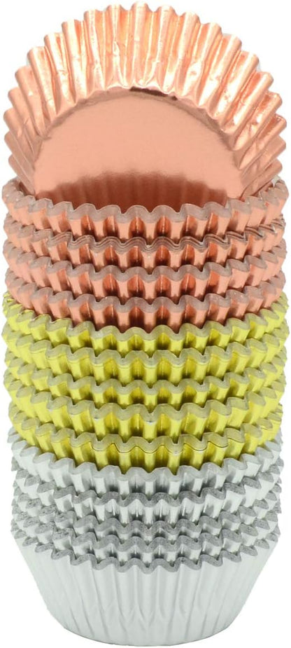 Mini Metallic Foil Paper Cupcake Liners in Rose Gold, Gold, and Silver - 300-Count Baking Cups