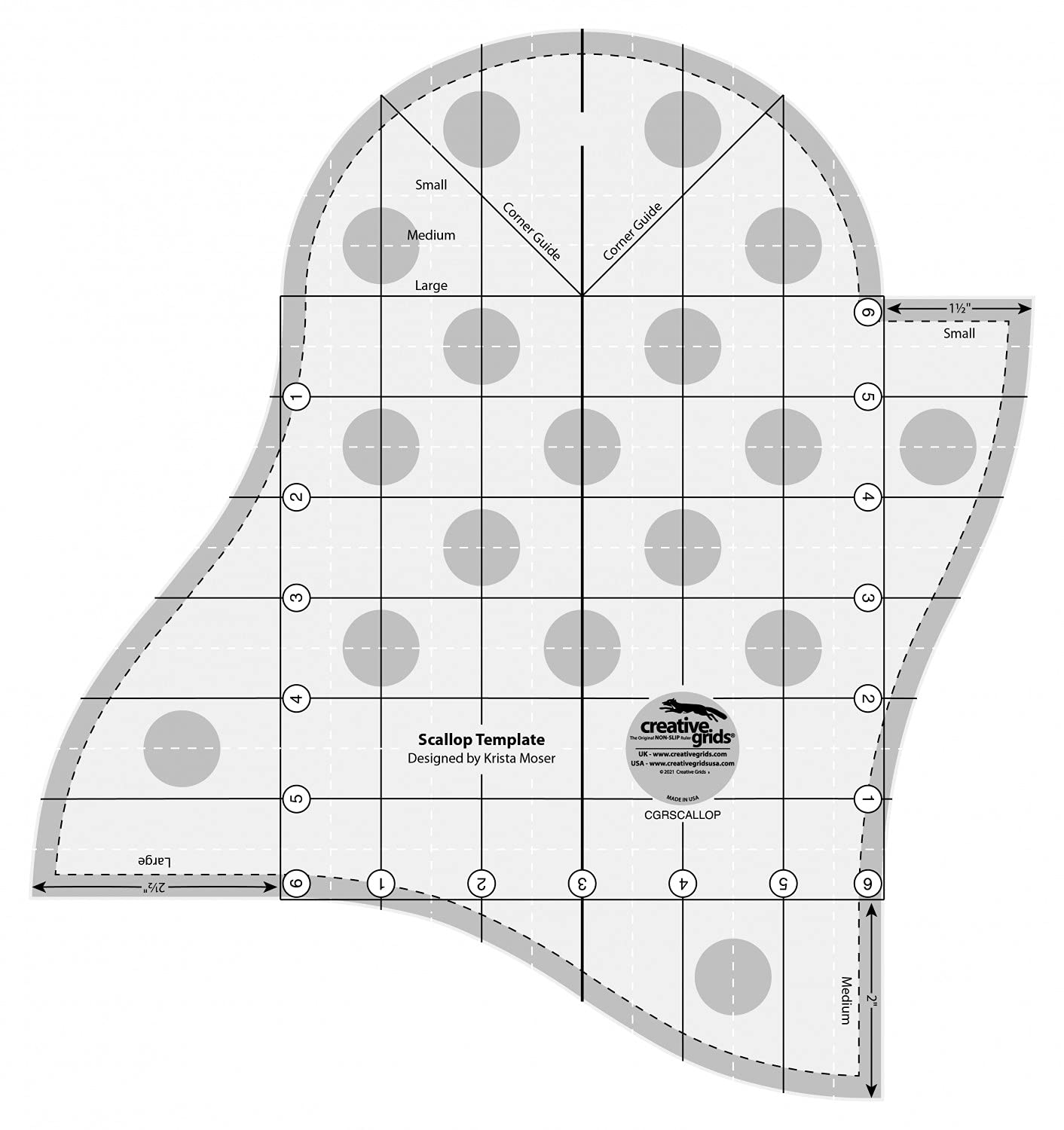 Creative Grids Scallop Template and Quilt Ruler – CGRSCALLOP – Made in USA, 10in x 10-3/4in, Non-Slip Grip Acrylic Quilting, Sewing, Crafting, Patchwork Ruler & Template